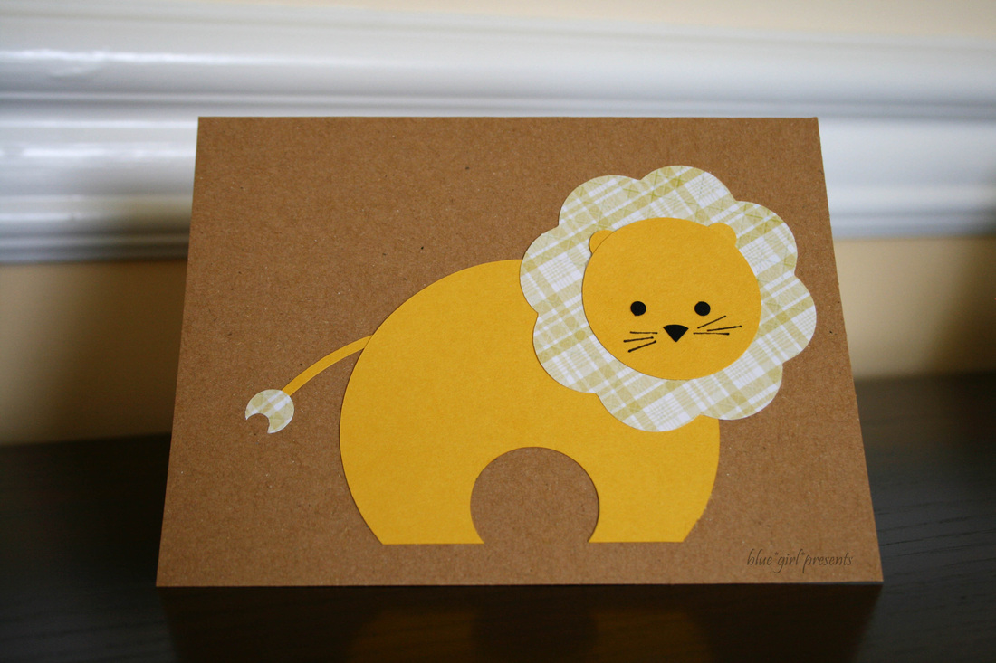 blue girl presents: lion greeting card using simple shapes