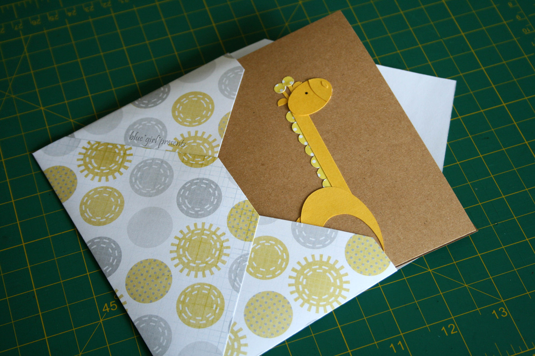 blue girl presents: scrapbook paper envelopes. giraffe greeting card