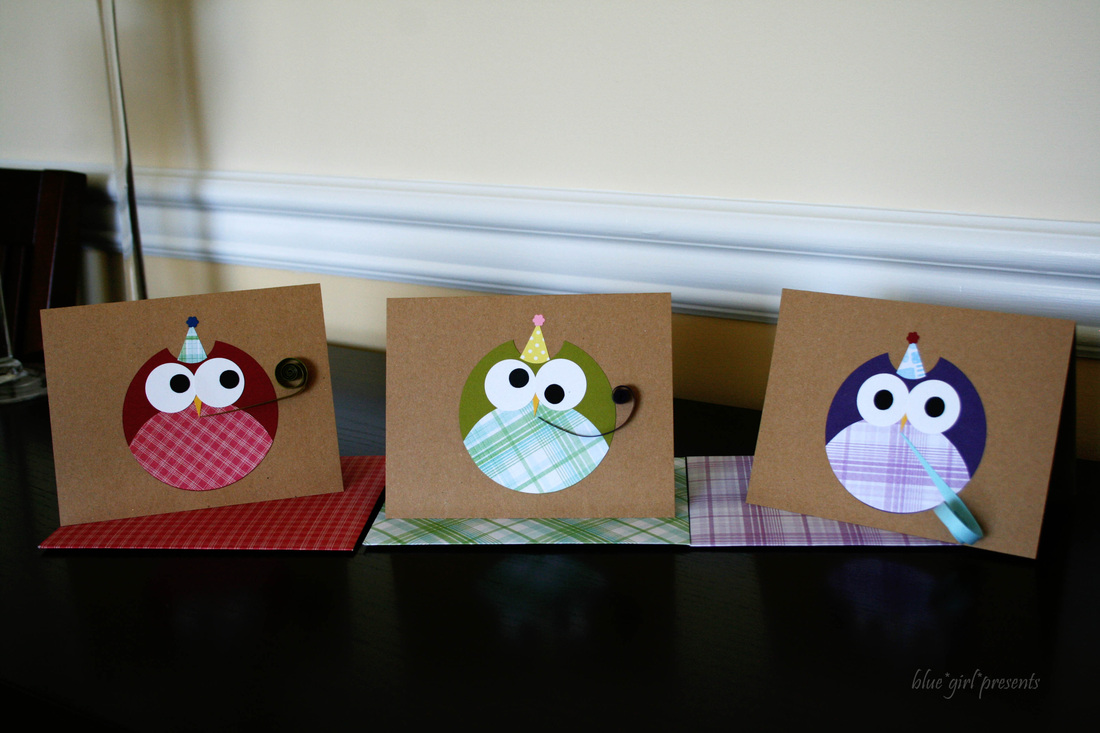 blue girl presents: party owls greeting cards