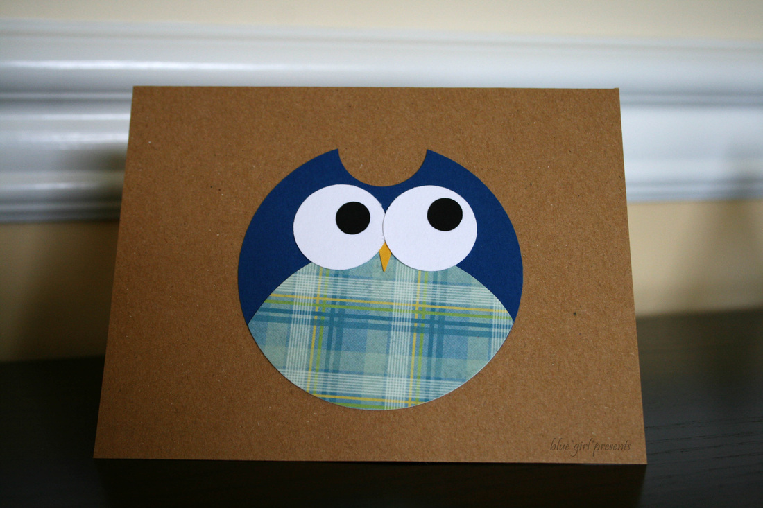 blue girl presents: owl greeting card using simple shapes