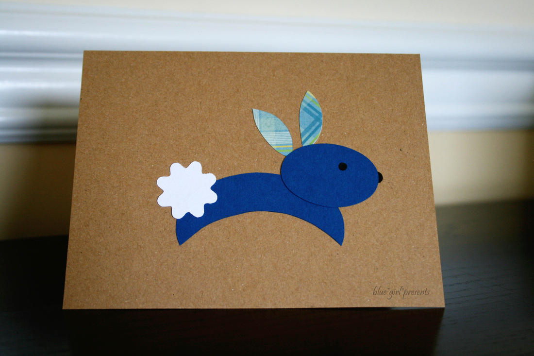 blue girl presents: bunny rabbit greeting card using simple shapes