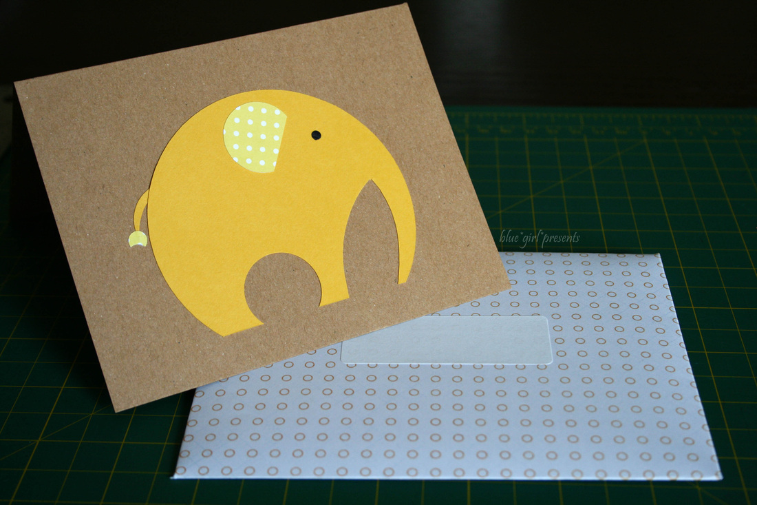 blue girl presents: elephant card. scrapbook paper envelopes