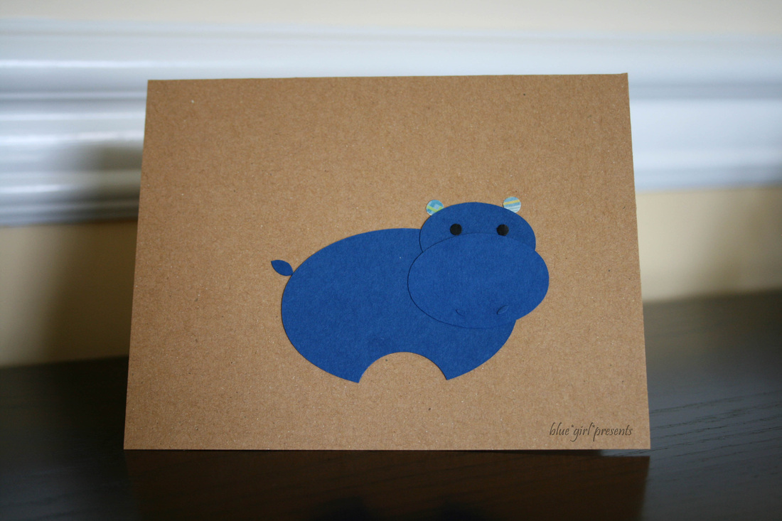 blue girl presents: hippo greeting card using simple shapes