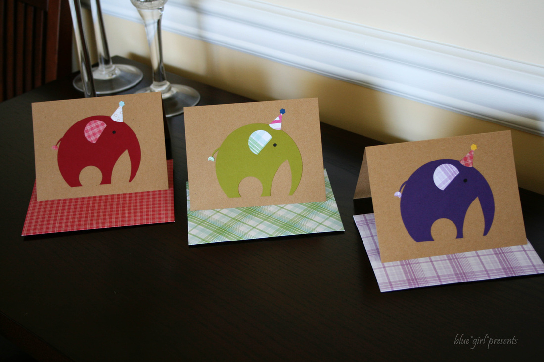 blue girl presents: parade of party elephant greeting cards