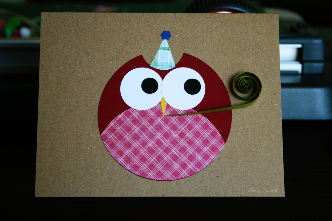 blue girl presents: party owl greeting card