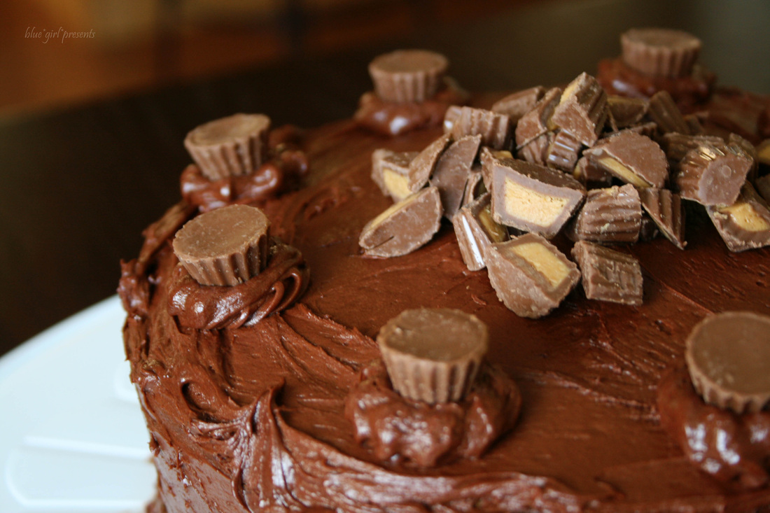 blue girl presents: peanut butter chocolate extravaganza (peanut butter layer cake with chocolate frosting)