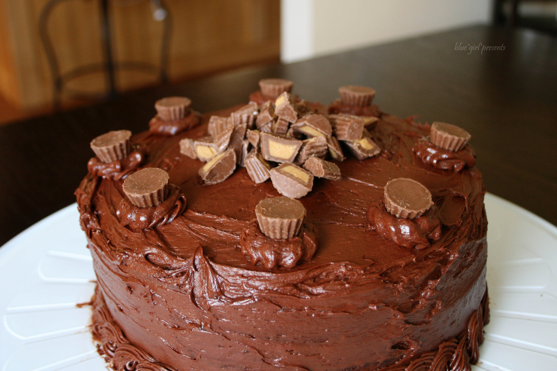 blue girl presents: peanut butter layer cake with chocolate frosting